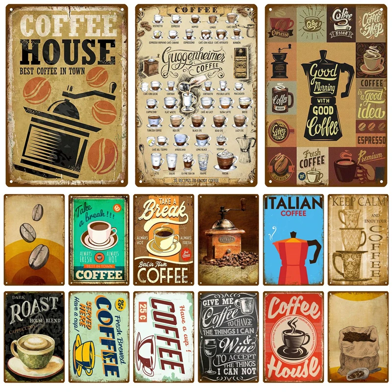 Vintage Collectible Plates - ป้ายโลหะตกแต่งสไตล์เรโทร ป้ายสังกะสีวินเทจลายกาแฟ แผ่นโลหะ โปสเตอร์ติดผนัง สำหรับห้องครัว บาร์