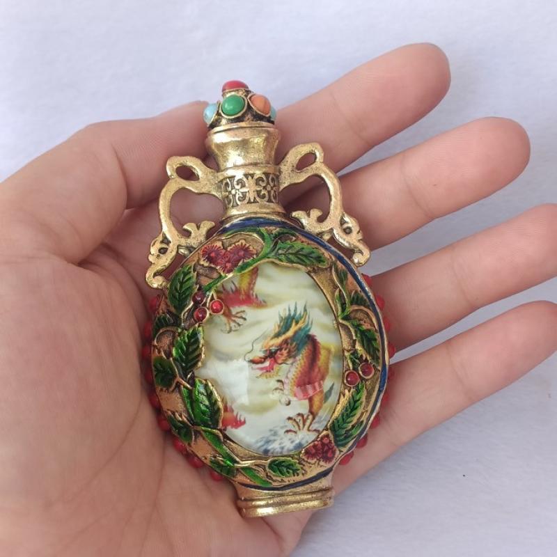 Vintage Collectible Bottles - ขวดน้ำมันหอมระเหยมังกรเรืองแสงในที่มืด งานศิลปะทองเหลืองเคลือบอีนาเมลสไตล์วินเทจ ของสะสมขนาดเล็ก ของขวัญย้อนยุค ของตกแต่งโต๊ะ